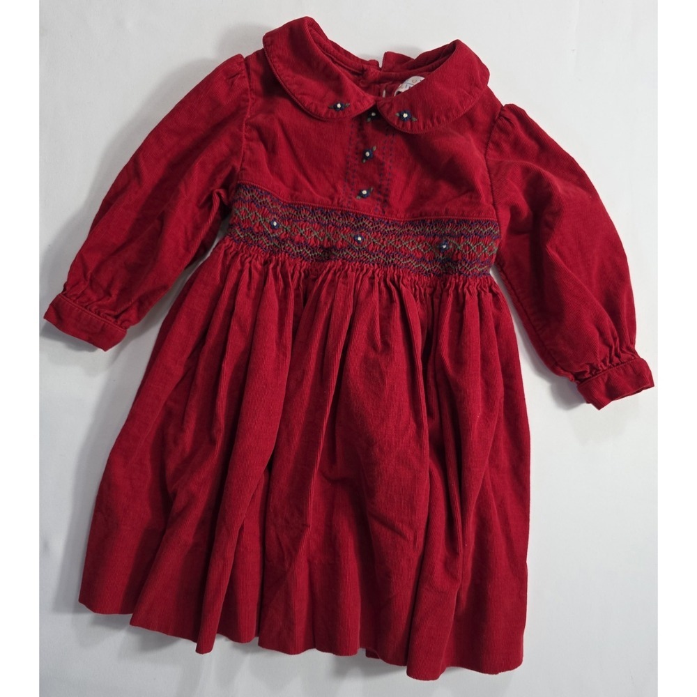 Vintage Just Friends Baby Girl Red Corduroy Dress Smocked Collar 2T Holiday
